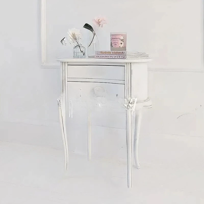 solid wood bedside table hand-carved retro ivory white bedroom bedside table