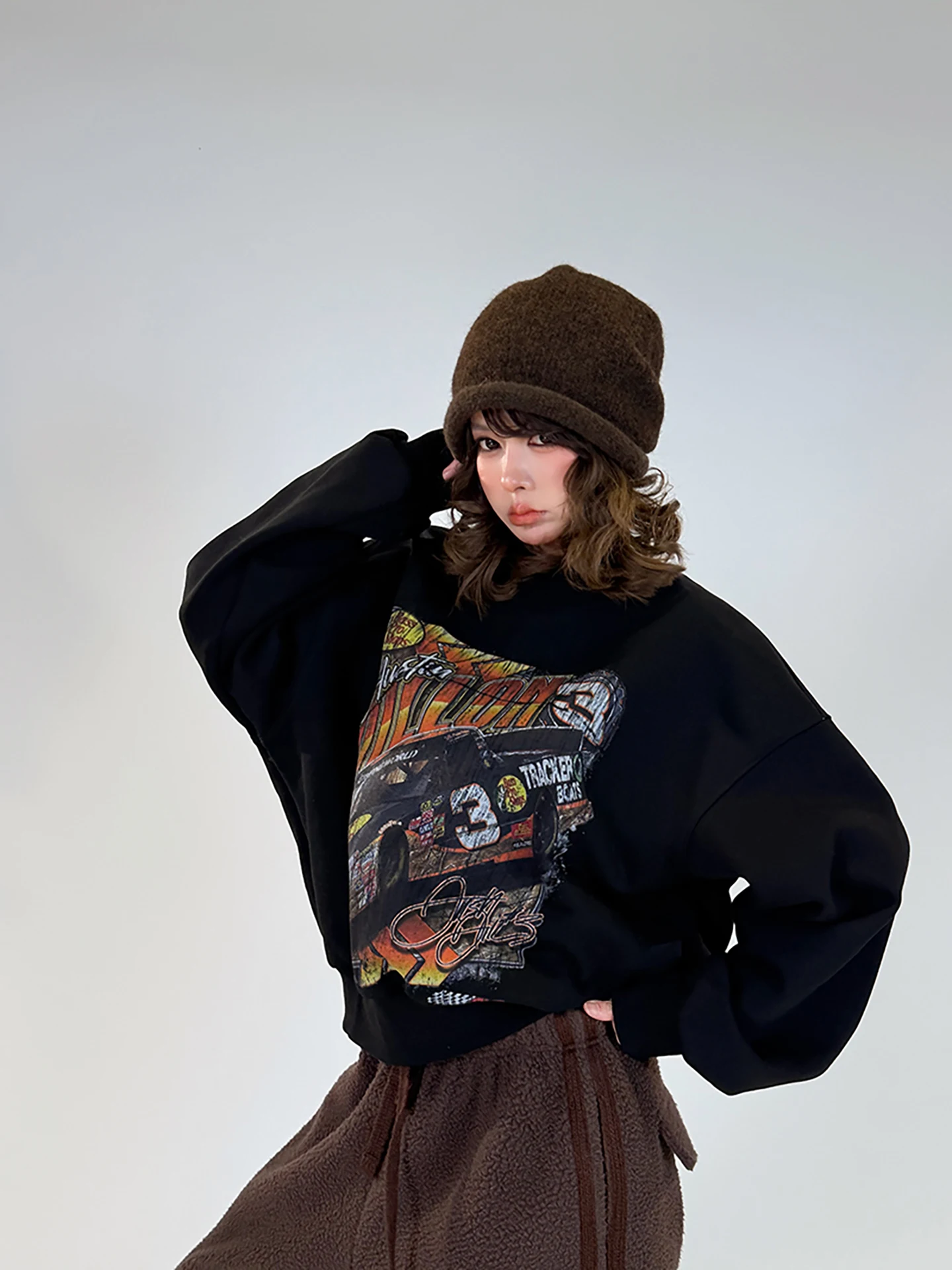 

Meysikim Vintage Print Micro Elastic Sweatirt Women's Faion Thiened Capl Bla Top Ladies Loose Fit Long Sve roun...