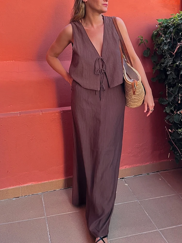 HH-Conjunto de falda y chaleco liso Vintage para mujer, chaleco corto con lazo elegante y falda informal con cordón de cintura alta, ropa de calle