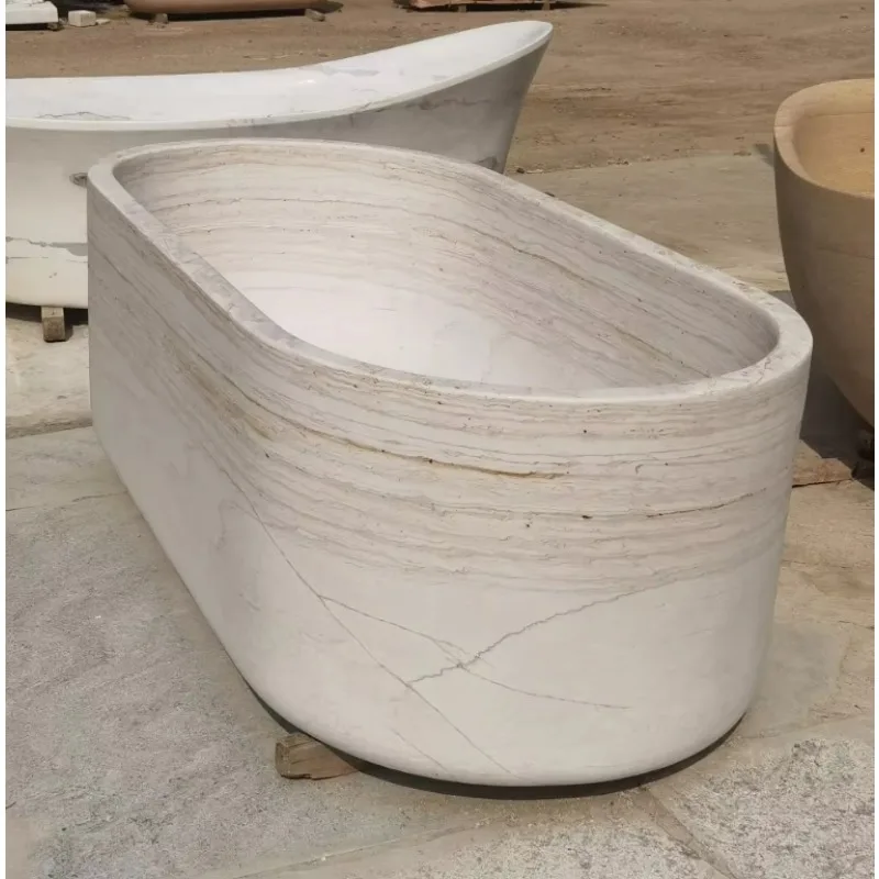 In Stock Modern Portable Hot Design Oval Shape Stone Tub Bathroom Soaking Marble Freestanding Bathtub With Drainer