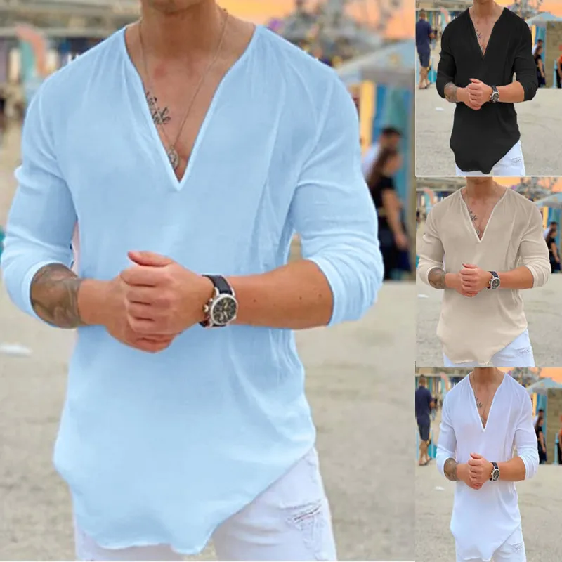 Mode 100% Coton Chemise Décontractée 2024 Automne Hommes T-shirt Couleur Unie Chemise S-3XXL