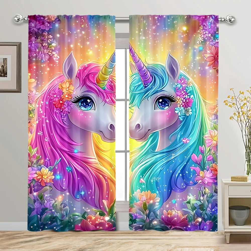 Magical Unicorn Curtain, Rainbow Hair and Flower Crown, Sparkle Fantasy Pattern, Girls Room Window Drapes