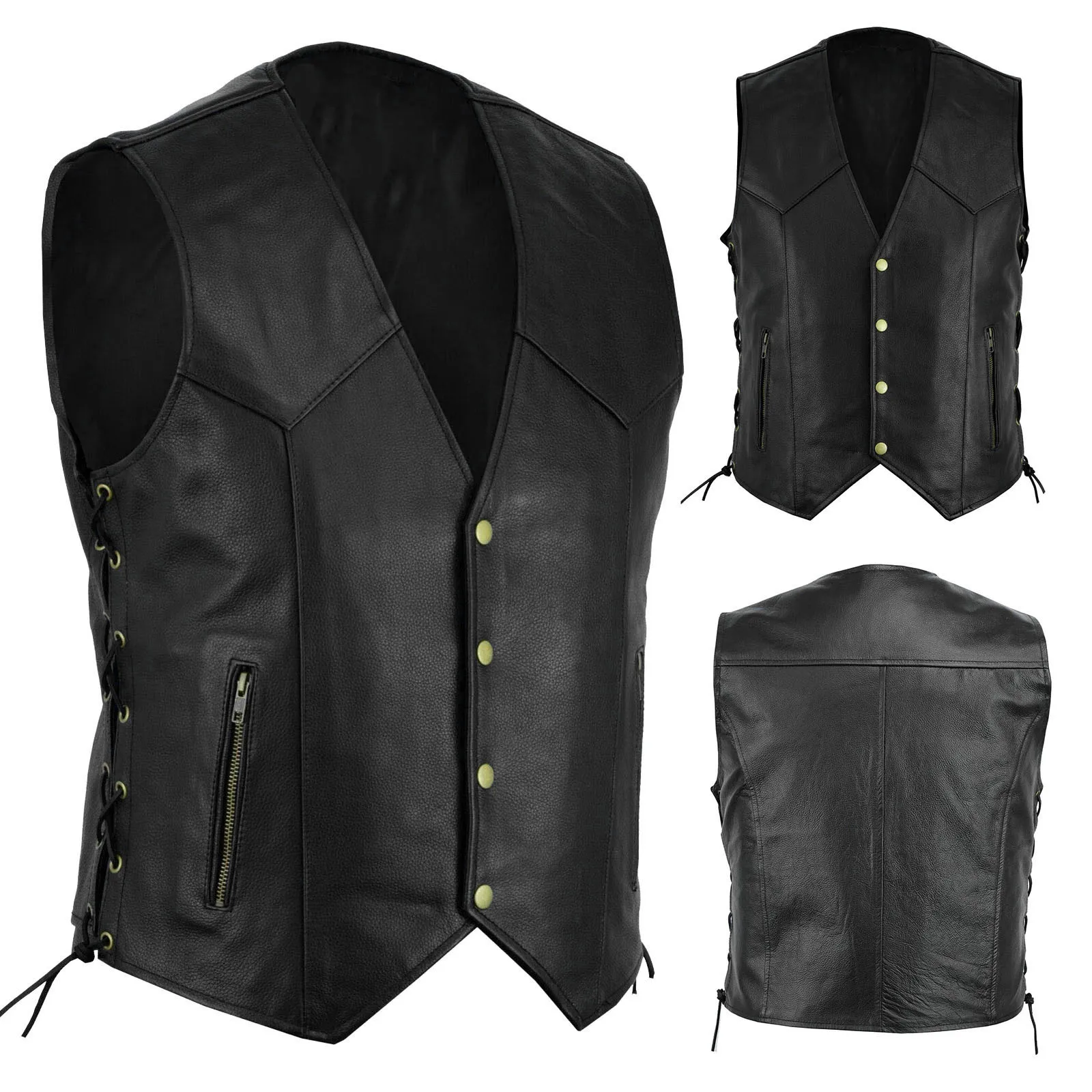 Men Fashion Casual Solid Color Vest Motorcycle Fleet Punk Leather Vests V Neck Sleeveless Slimming Fitting Men\'s Outerwear Vests