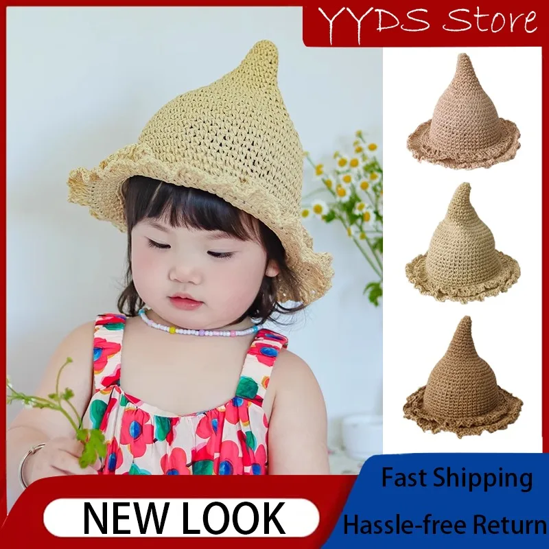 Summer Children's Lace Pointed Children's Straw Hat Baby Elf Hats for Boys and Girls Nipple Straw Brimmed Wizard Hat