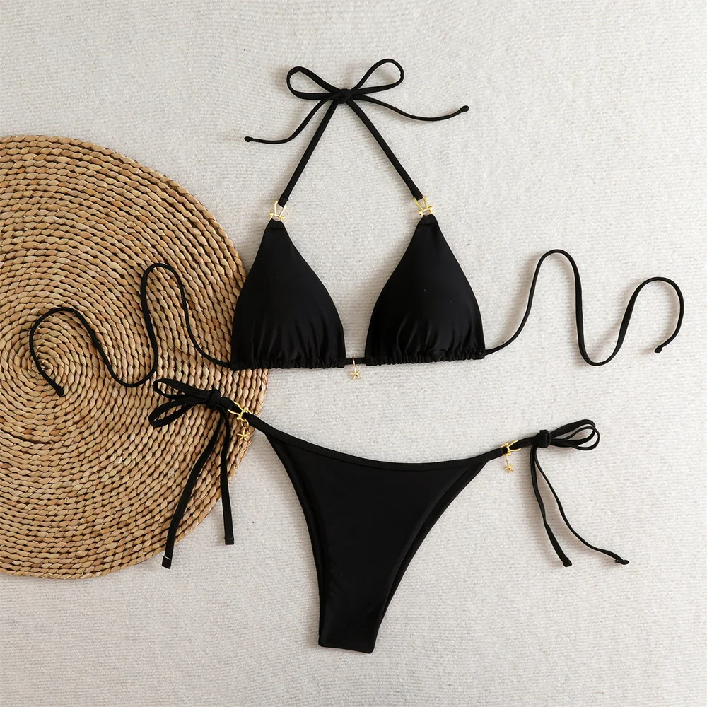 Black String Bikini Gold Star Buckle Swimsuit Women 2 Piece Push Up Beach Outfit Vacation Swimwear Bathing Suit Bikinis De Mujer
