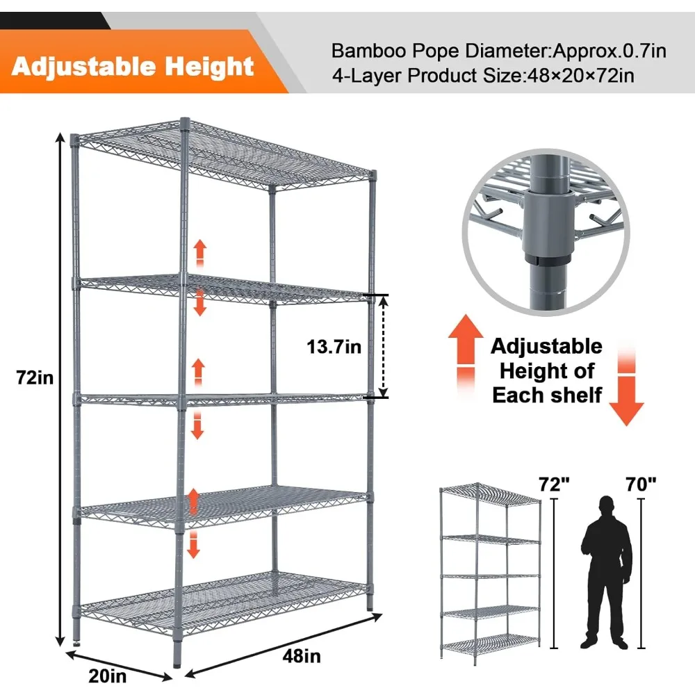 Land Guard 5 Tier Storage Racks and Shelving - 48" L x 20" W x 72" H Heavy Steel Material Pantry Shelves - Each Unit Loads 350 P