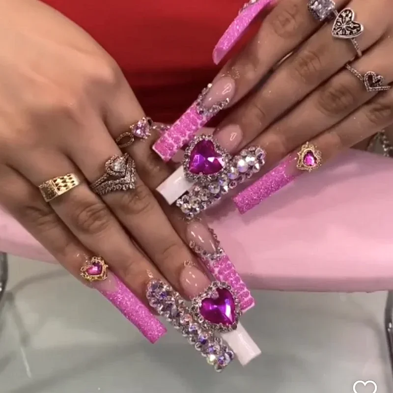 Luxury Handmade 3XL Long Coffin False Nails Customized Rhinestone Acrylic Press On Nails Y2K Reusable XXL Fake Nail With Glue