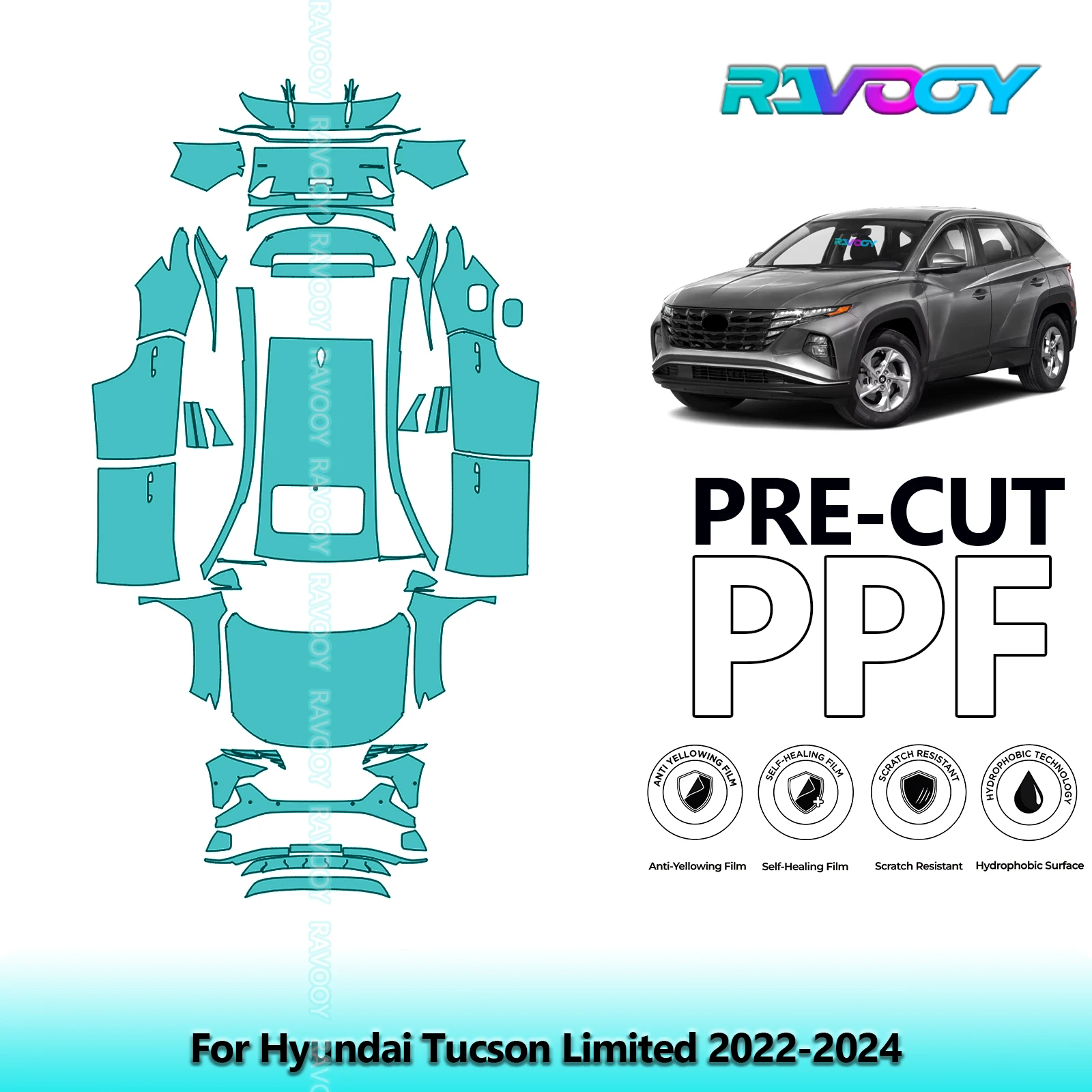 

Для Hyundai Tucson Limited 2022-2024 8,5 мил предварительно вырезанная защитная пленка для краски PPF автомобиля