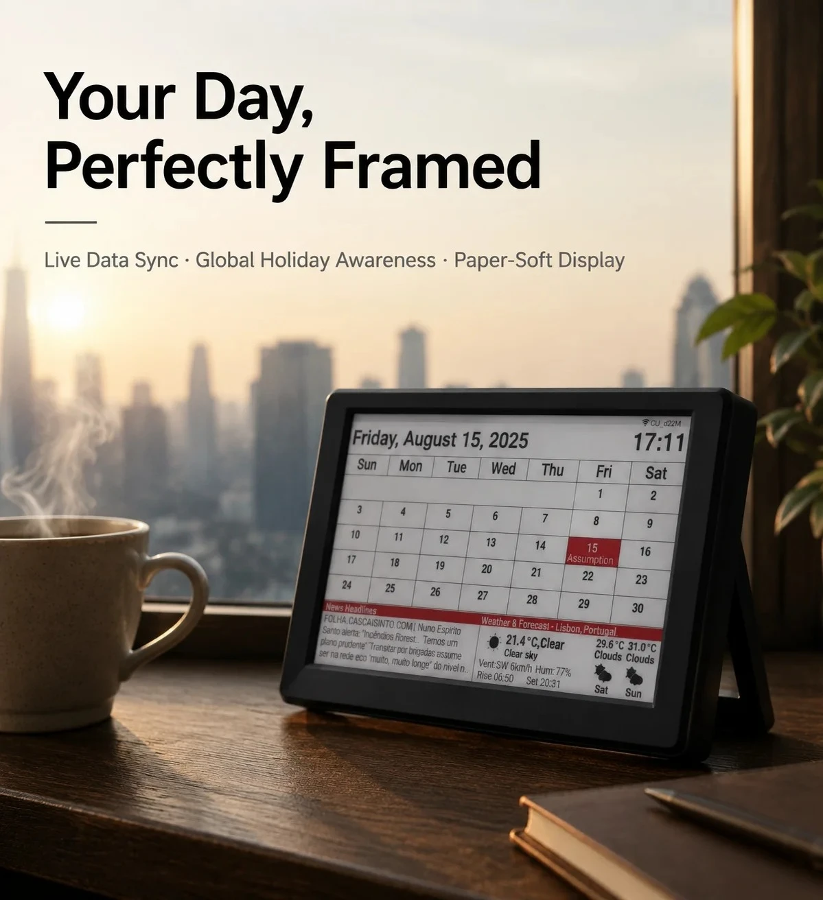 Smart Desktop Display 4 City World Clock, real-time weather news, automatic updates, office tools