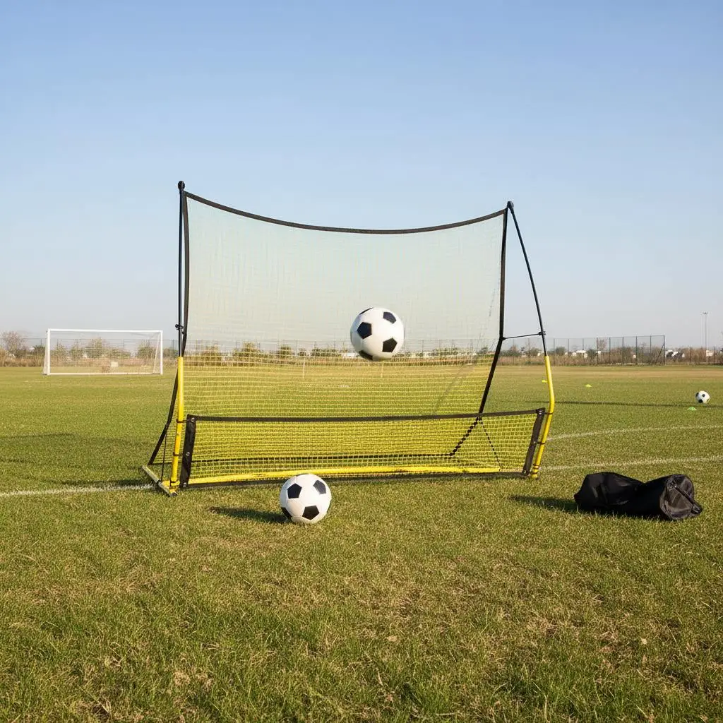 

Football Kickback Screen 71"x40" For Team Solo Training Passing Volley, Iron Frame Two-Sided Portable Net Carry Bag included