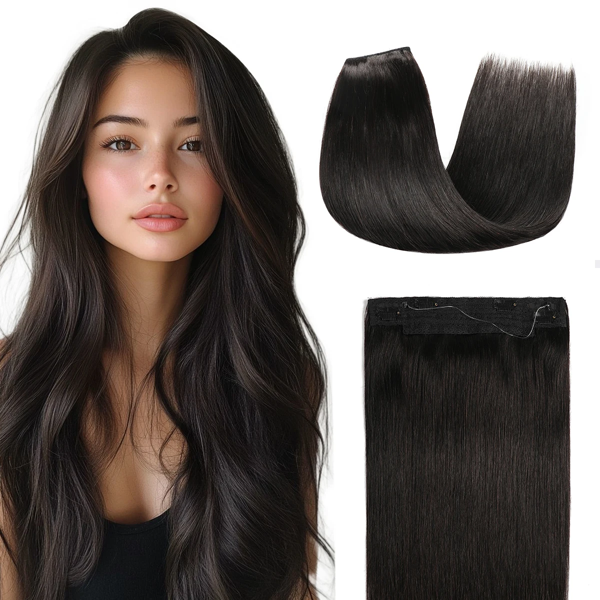 Natural Black Invisible Wire Hair Extensions 12-24 Inch Real Human Hair Transparent Fish Line Clip-Ins 100% Remy Hair Piece - view 2