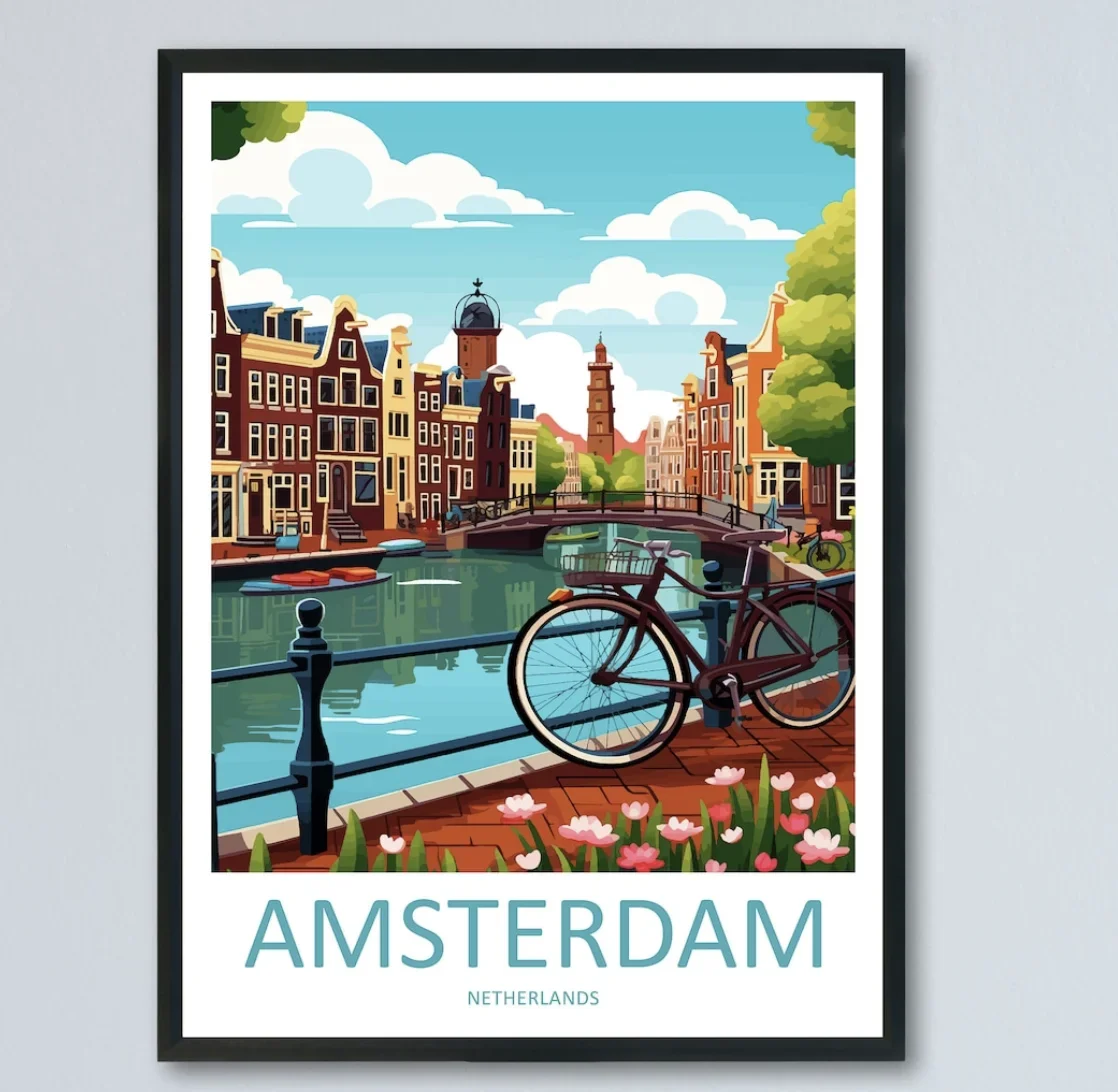 1pc frameless Canvas Painting Vintage Amsterdam City Canal Canvas Wall Art Prints Decor, Dutch Bike Tulip Travel Poster for Bedr