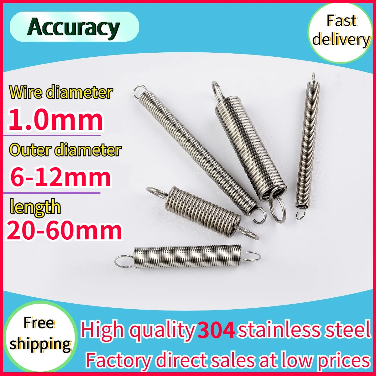 304 Stainless Steel Wire diameter 1.0*6-12mm Tension spring S Hook Round hook Coil Pullback Extension Tension metal Spring wire