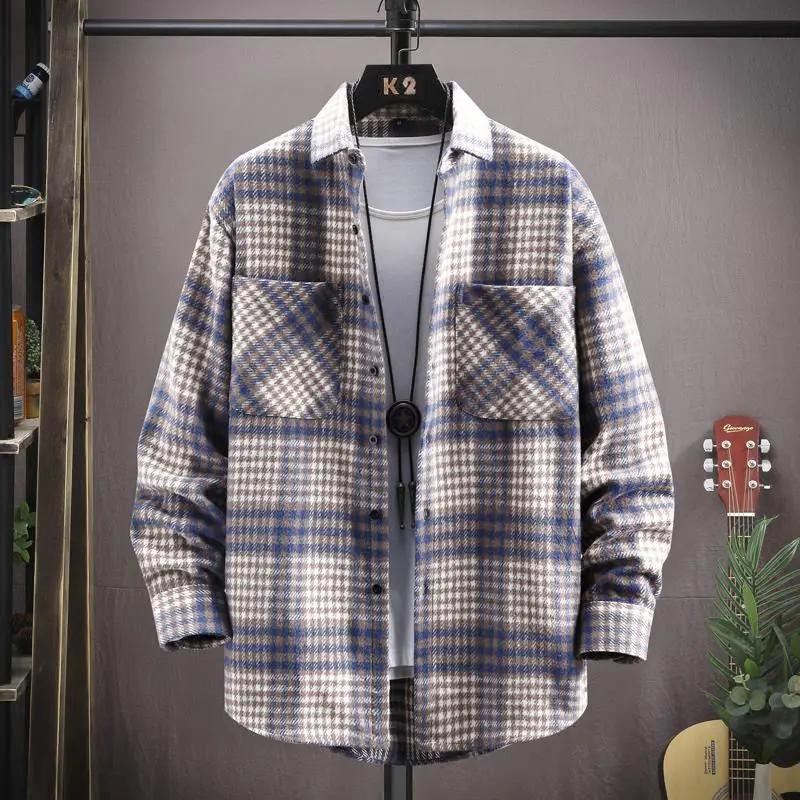 

Fashion Men Plaid Shirt Woolen Jackets Streetwear Male Clothes Loose Spring Autumn Versatile Casual Long Sleeve Cardigans Coats