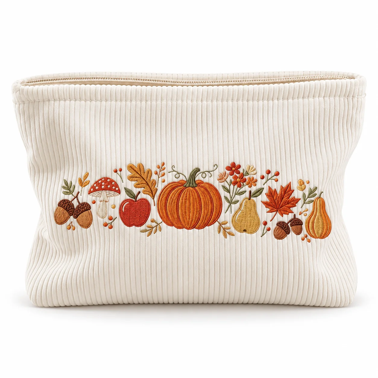 Printed Cosmetic Bag Corduroy Makeup Pouch Cute Pumpkin Floral Pattern Travel Toiletry Organizer Storage Case for Women Girls