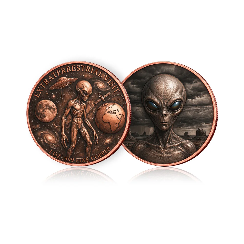 1oz .999 Fine Copper Grey Alien Coin UFO Earth Moon Space Desert Copper Challenge Coin UFO Enthusiast Collectible Sci-Fi Gift