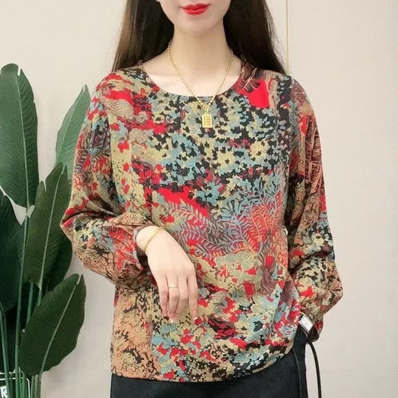 Autumn and Winter Aesthetic Commuter Shirt Vintage Women Elegant Trendy Print Round Collar Long Sleeve Loose Casual Chiffon Top