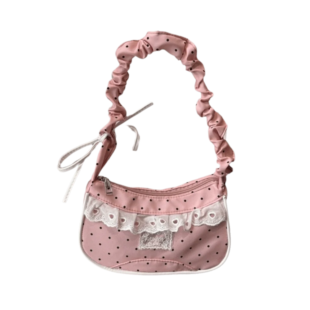 

Lace Polka Dot Shoulder Bag Stretchable Strap Large Capacity Pleated Underarm Bag Zipper Closure Drawstring French Stick Handbag