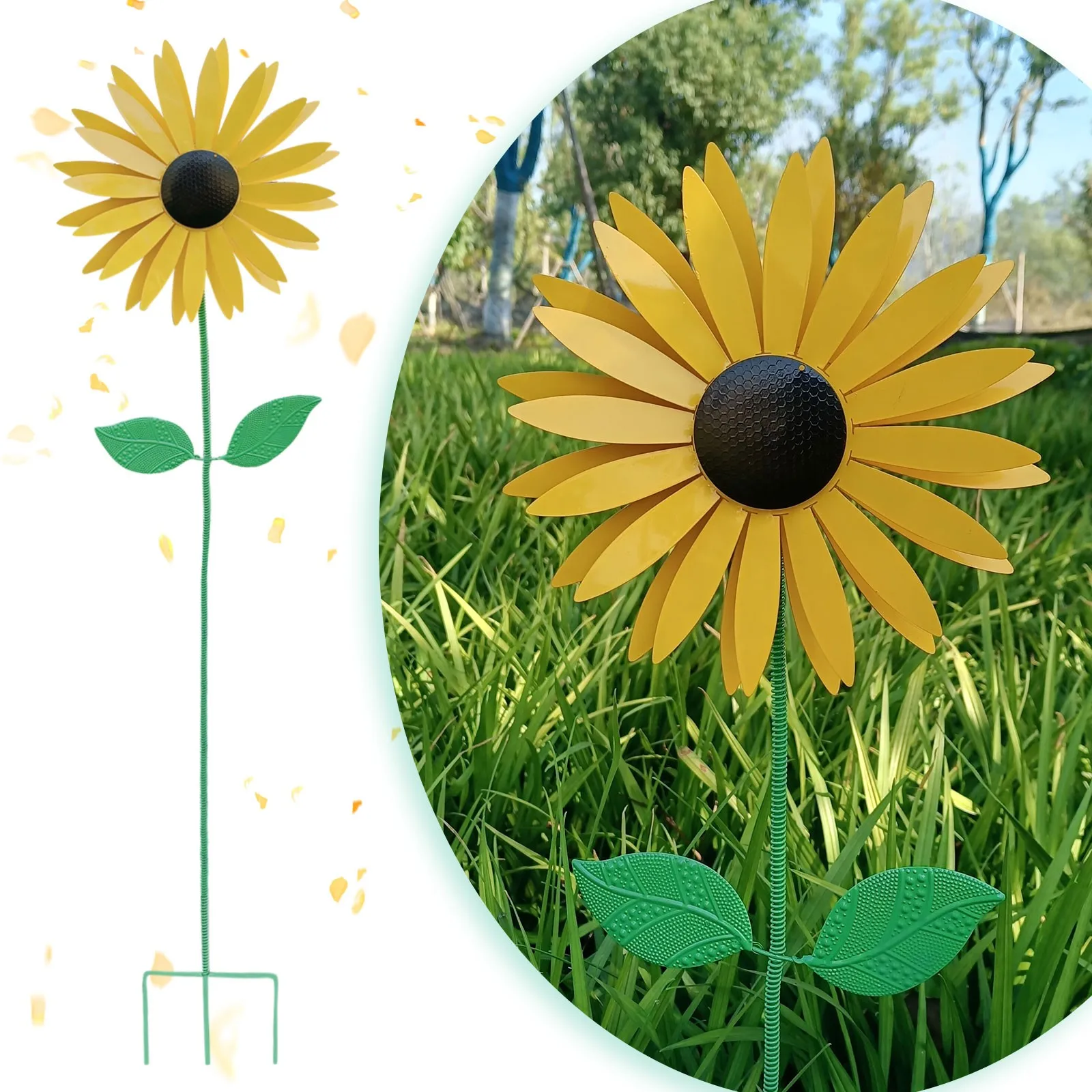 

75cm Sunflower Windmill Metal Rotating Sunflower Wind Spinner With Stake Standing Lawn Flower Pinwheel Outdoor Garden Decor