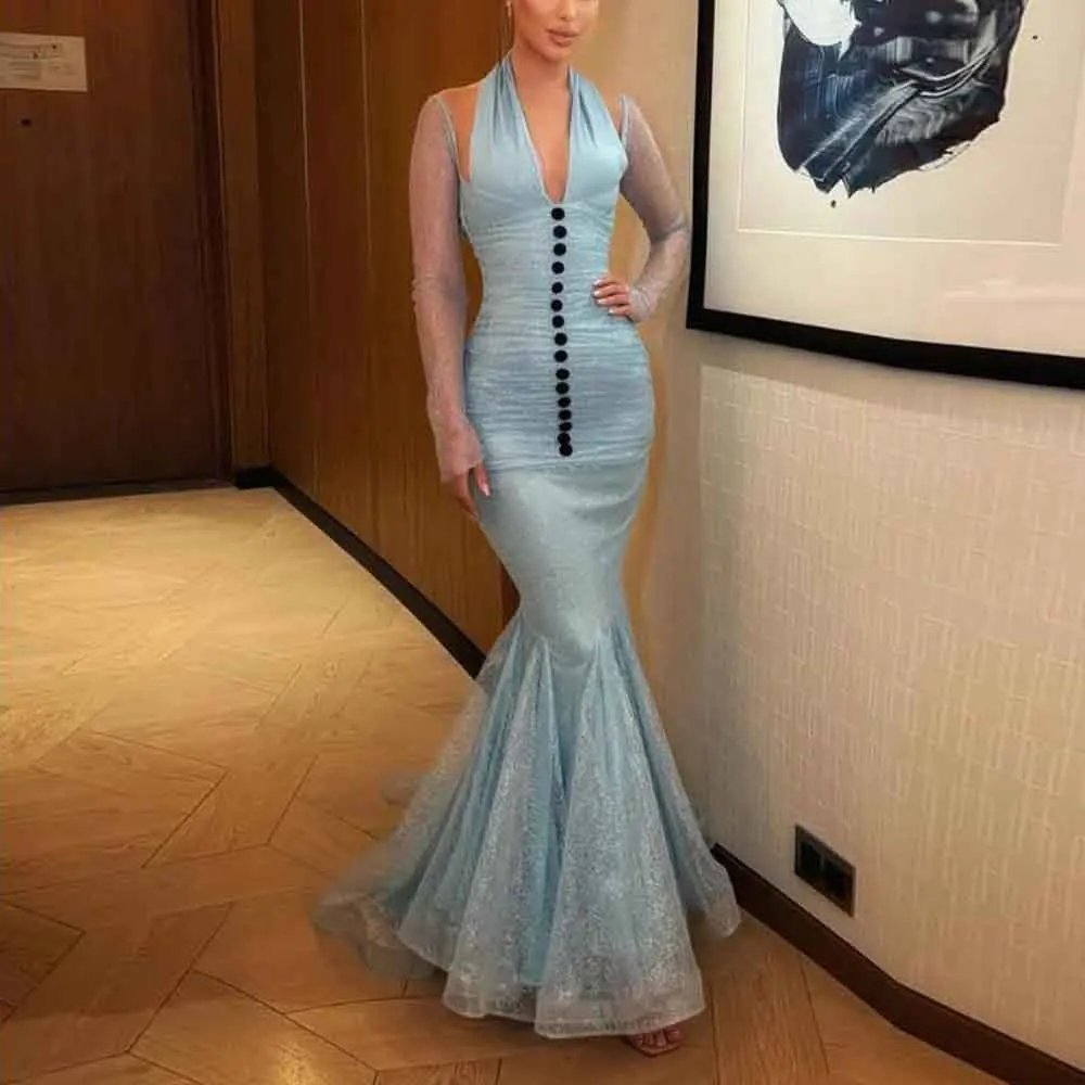 

Customized Halter Mermaid Wedding Guest Gown Front Button Lace Wedding Party Dress Backless Blue Long Formal Cocktail Dresses