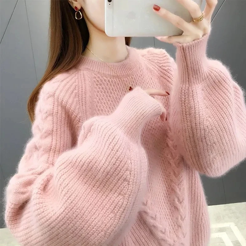

Women Autumn And Winter New Lantern Sleeve Knitted Sweater Sweater Female Loose Fitting Knitting Pullover Round Neck Fashion Top