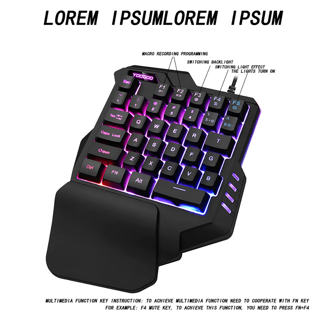 لوحة مفاتيح RGB مضادة للانزلاق مضادة للماء لعبة محمولة بيد واحدة مع مسند يد