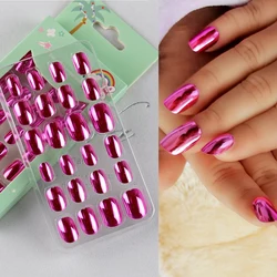 Curta cobertura completa unhas postiças para menina, espelho, cromado, pressione, gradiente, dicas de arte do prego, pré-cola, brinquedos para crianças, 24 pcs