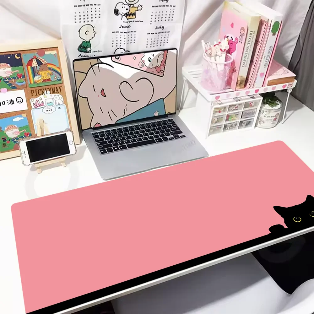 

Japanese Style Lazy Black Cat Keyboard mouse pad - XXL Extended Gaming Desk Mat with Stitched Edge, Multiple Colors & Sizes