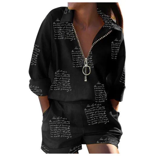 Casual Loose Long Sleeve Tshirt Shorts Set Office Lady Fashion Turn Down Collar Letter Print Two Piece Set Women Outfit 2023 Top