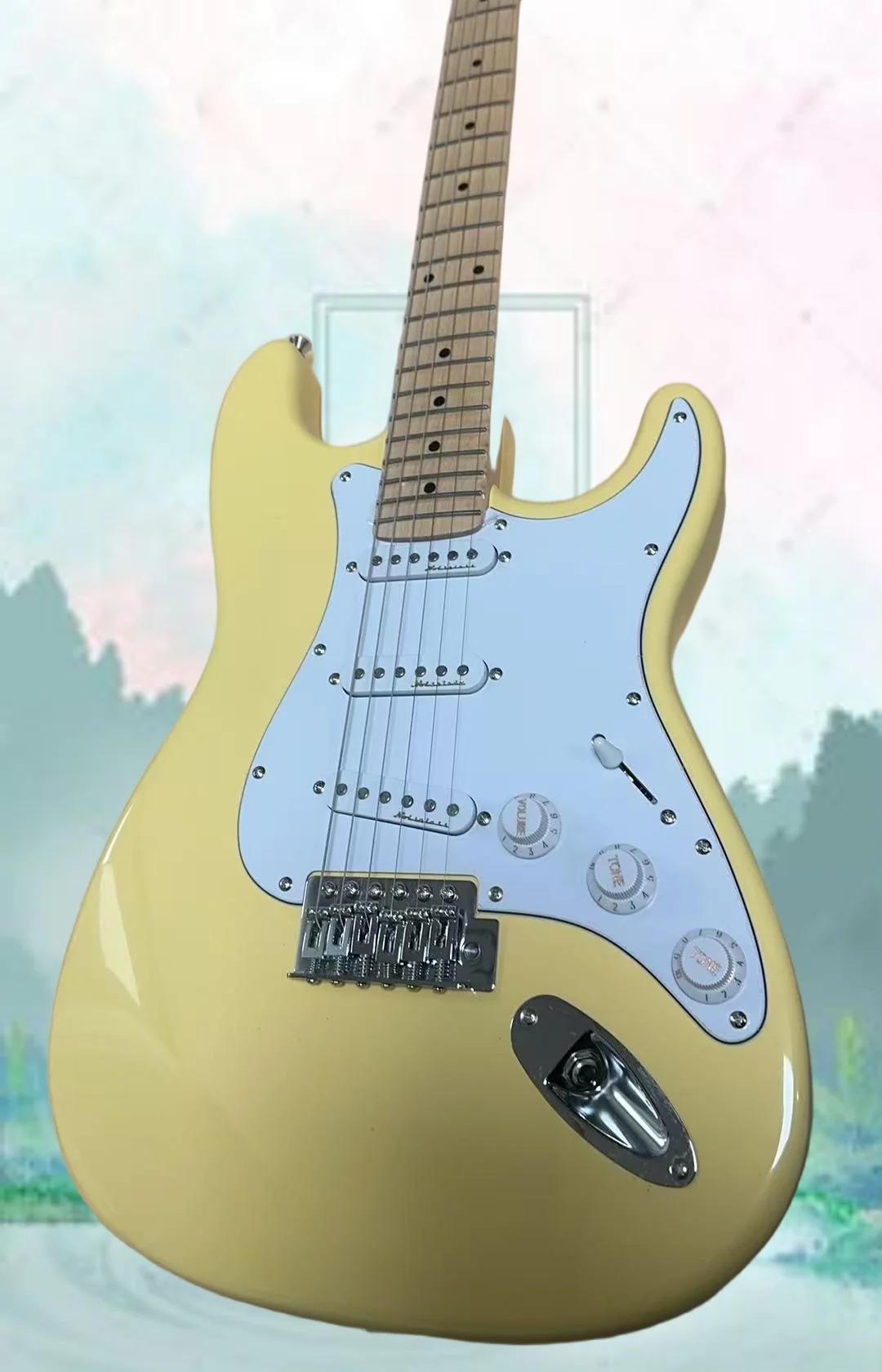 Guitarra Malmsteen 2026 de moda con diapasón festoneado, pastillas Dimarzio, Big Head, color amarillo lechoso