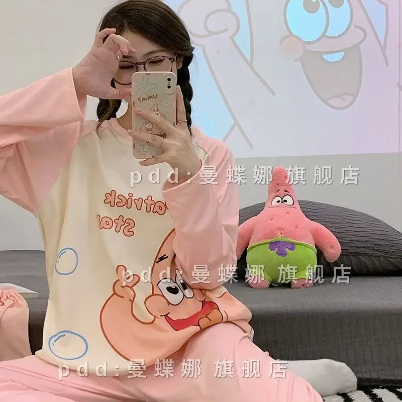 SpongeBob Patrick Star Pajamas Suit Anime Cute Women  Long Sleeve Cartoon Two-pieces Autumn Winter Fashion Girls Sleepwear Set