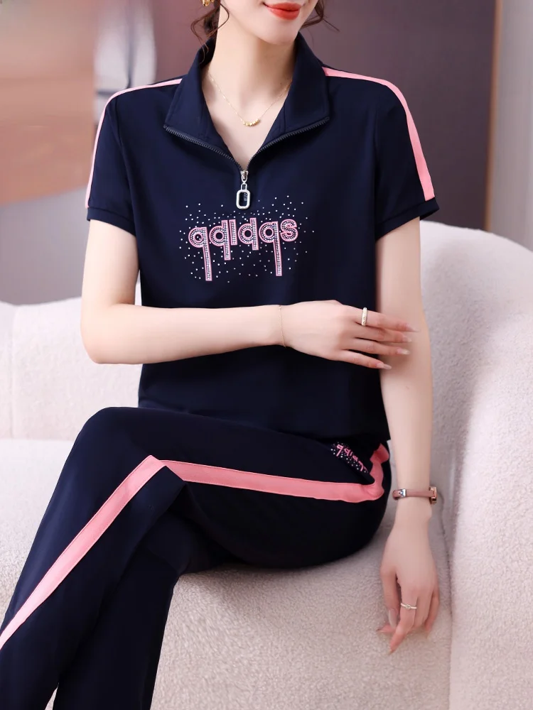 

Casual Sportswear Set for Young Mothers Summer Clothes ort Sve T-irt Loose Fit Long Pants Korean Sle Faion for Mid...