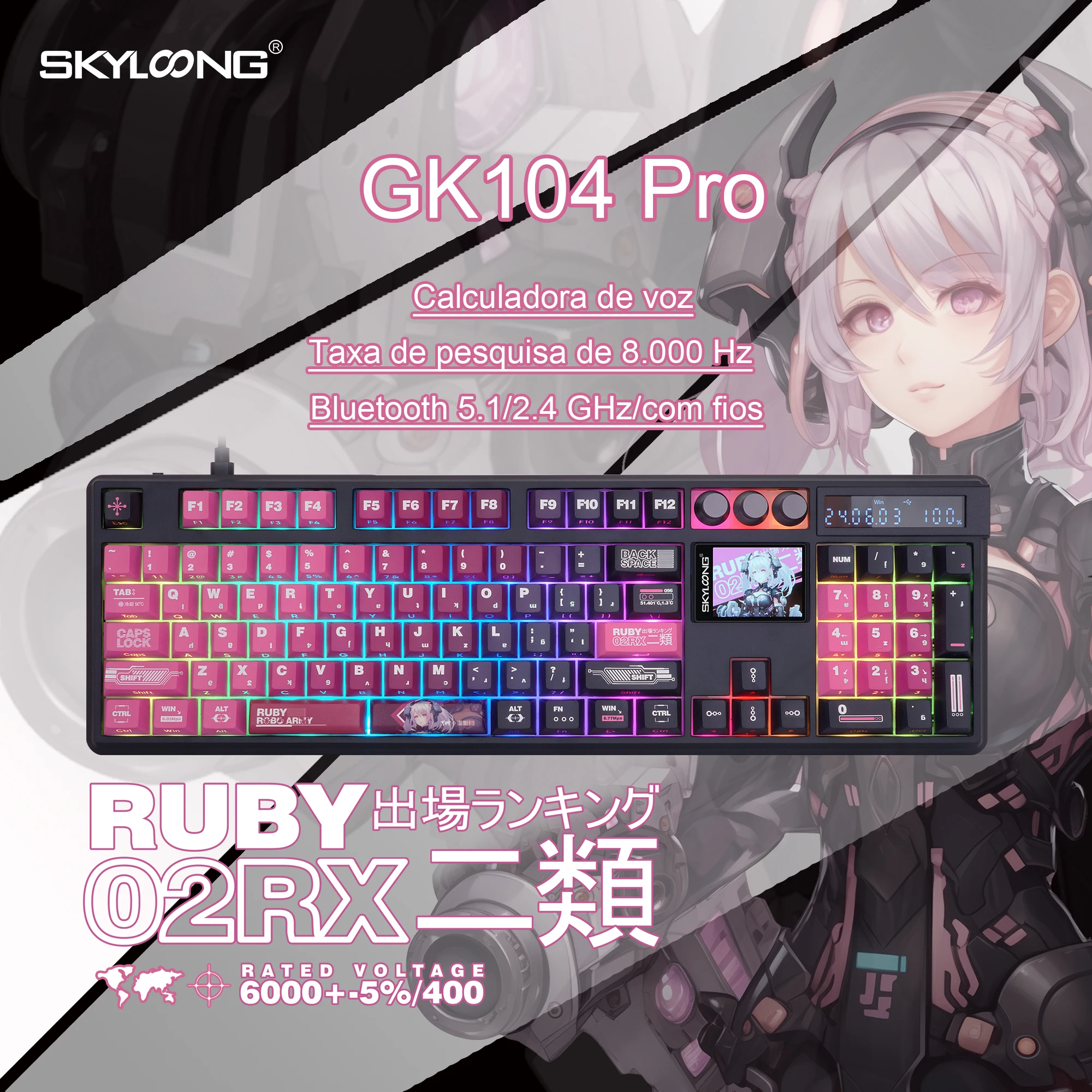 Teclado Mecânico Sem Fio SKYLOONG GK104 Pro, Teclado Gamer de Tamanho Completo com Iluminação RGB, Calculadora de Voz, Taxa de Polling de 8K para PC