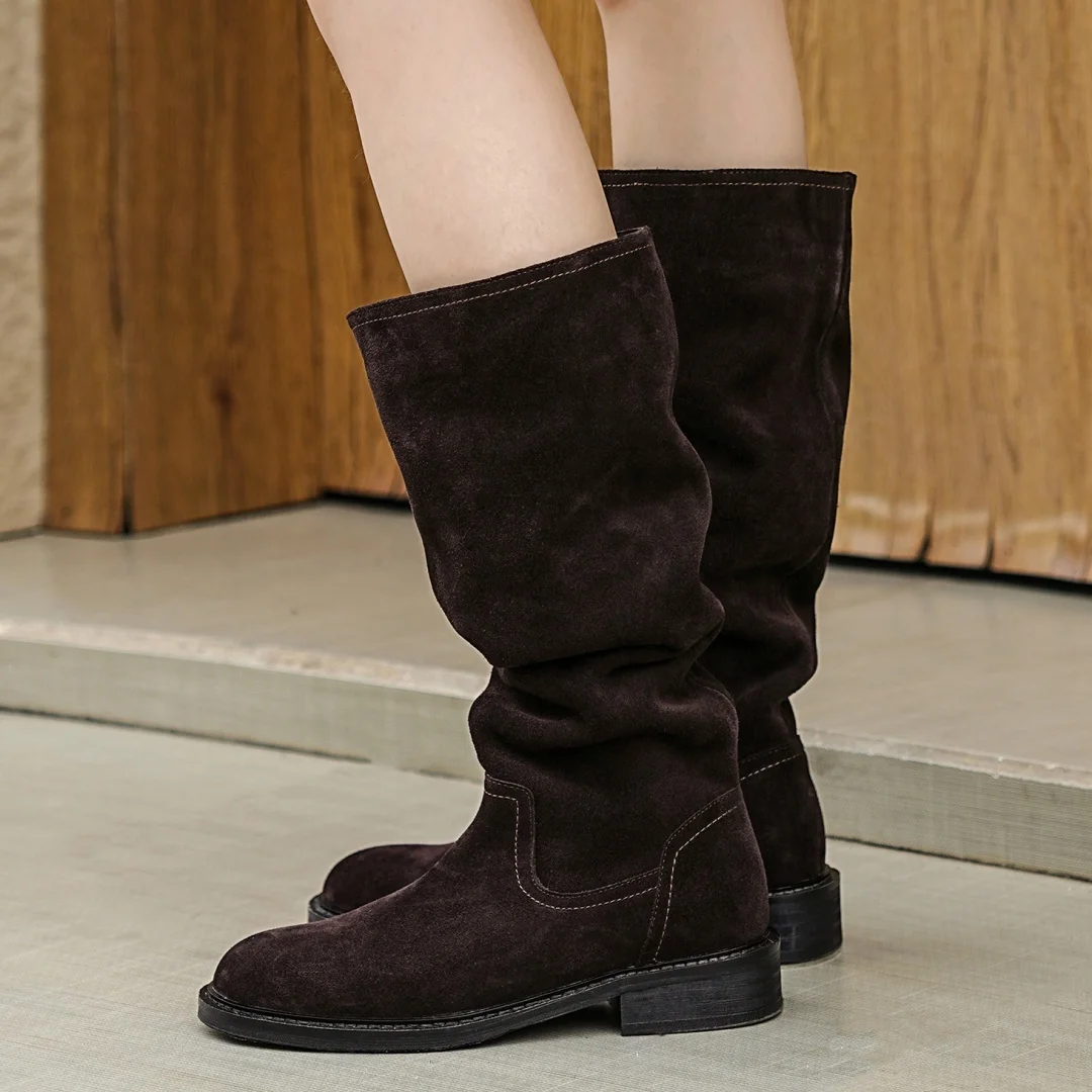 

Women's natural suede leather round toe side zip slip-on autumn mid-calf boots high quality soft comfortable half boots shoes 40