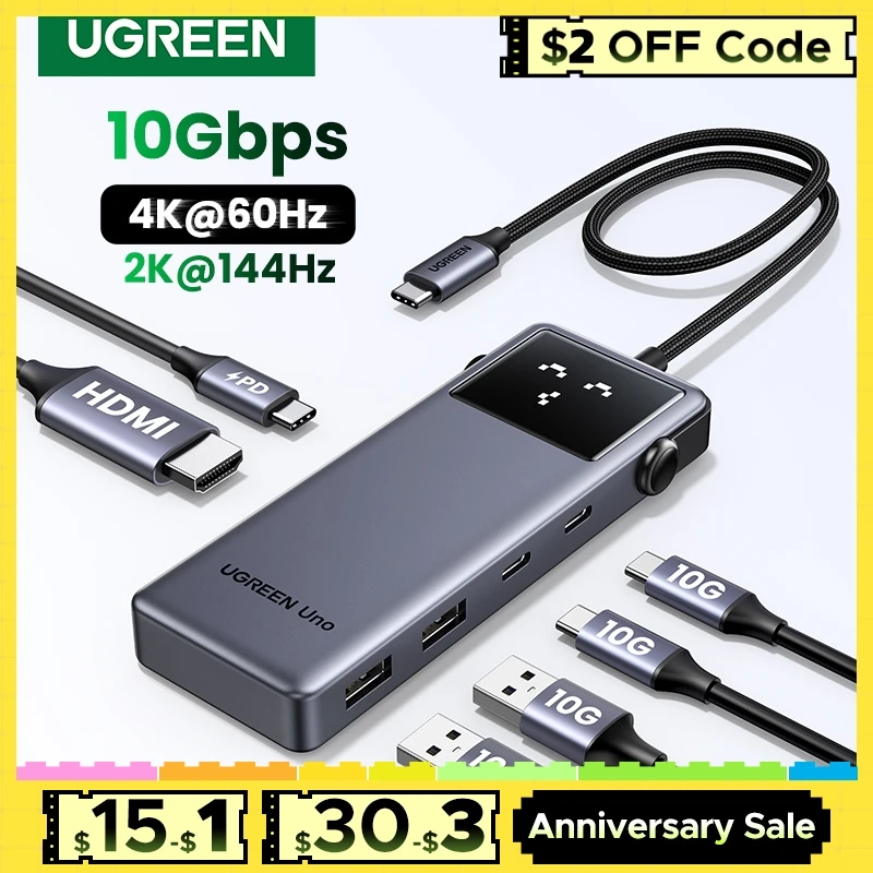 UGREEN Uno USB C HUB 6-in-1 4K60Hz PD100W 10Gbps USB3.2 Splitter Adapter for Laptop Macbook Pro Air USB Expander Docking Station