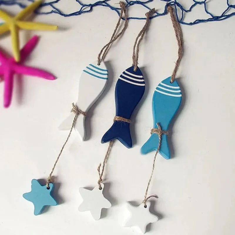 3Pcs/Set Wood Crafts Mediterranean Starfish Hung Fish Nautical Decor Hang Decorated Marine Pendant