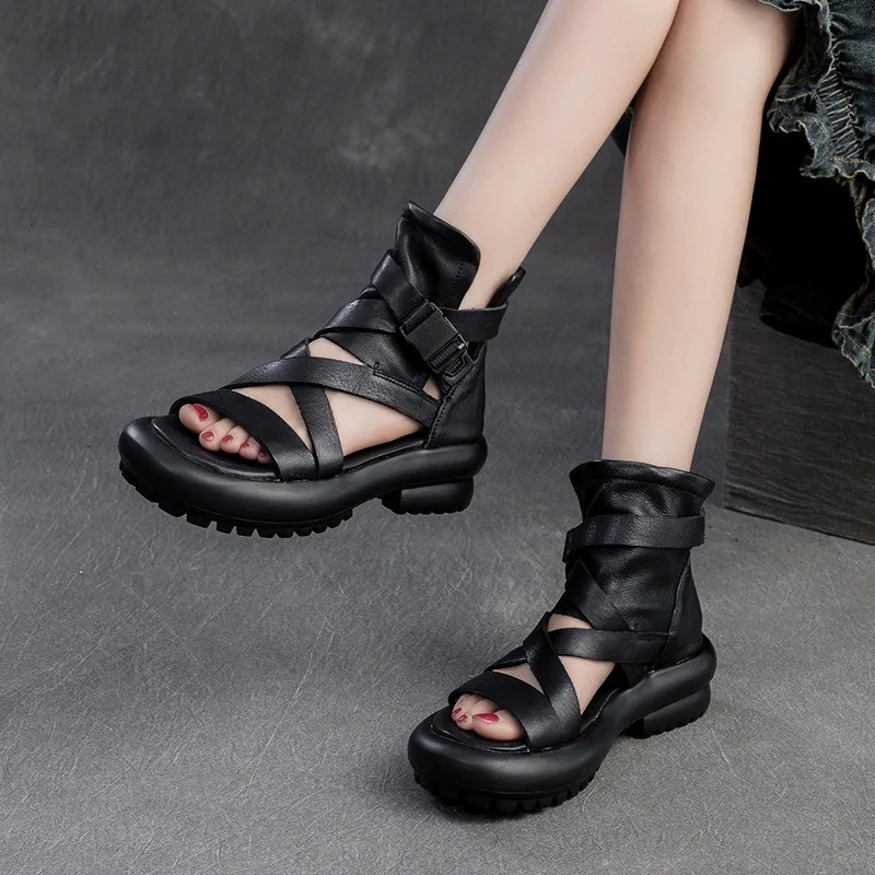 Birkuir Thick Heel Buckle Women Sandals High Top Shoes Hollow Out Cross Belt Ankle Boots Genuine Leather Open Toe Platform Shoes