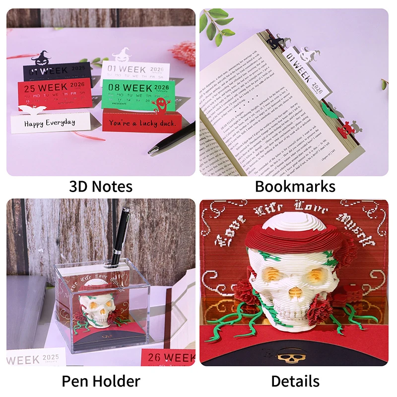 Time Piece Calendar 2026 Desk Calendar With LED Light 3D Tear-away Calendar Paper Carving Art Memo Pad Notepad Gift Christmas