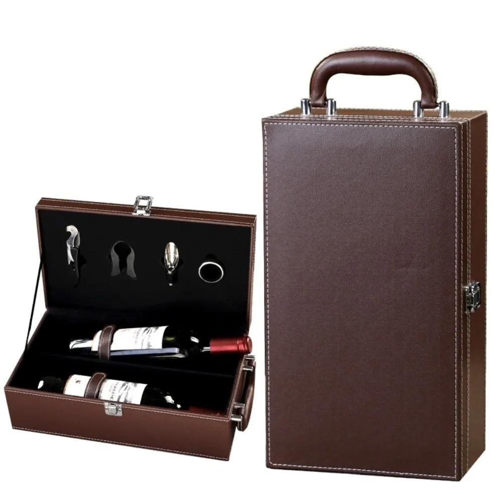 New PU Leather Wine Gift Box with 4 Accessories Set with Handle Portable Carrier Tote with Tools Red Wine Storage Box Gifts