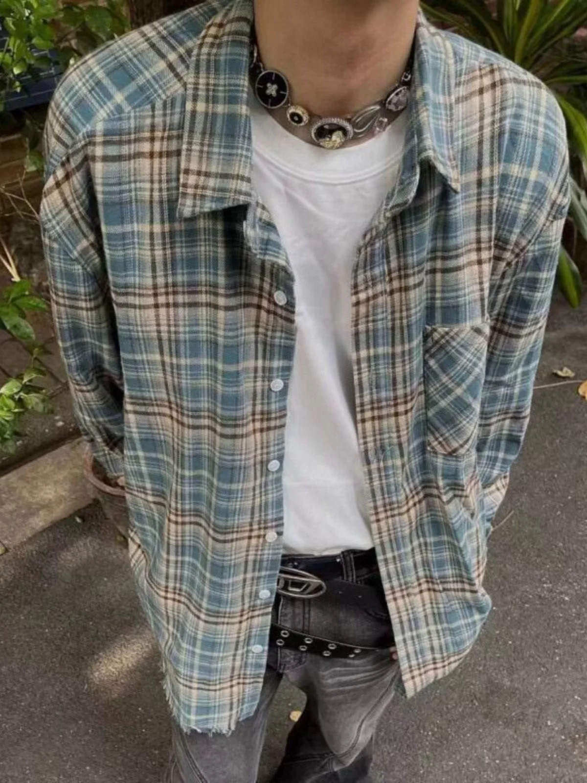 

Blue Plaid Long Sve irt Men's Vintage American College Sle Haome Cheered irt Jaet Loose Fit Autumn Season