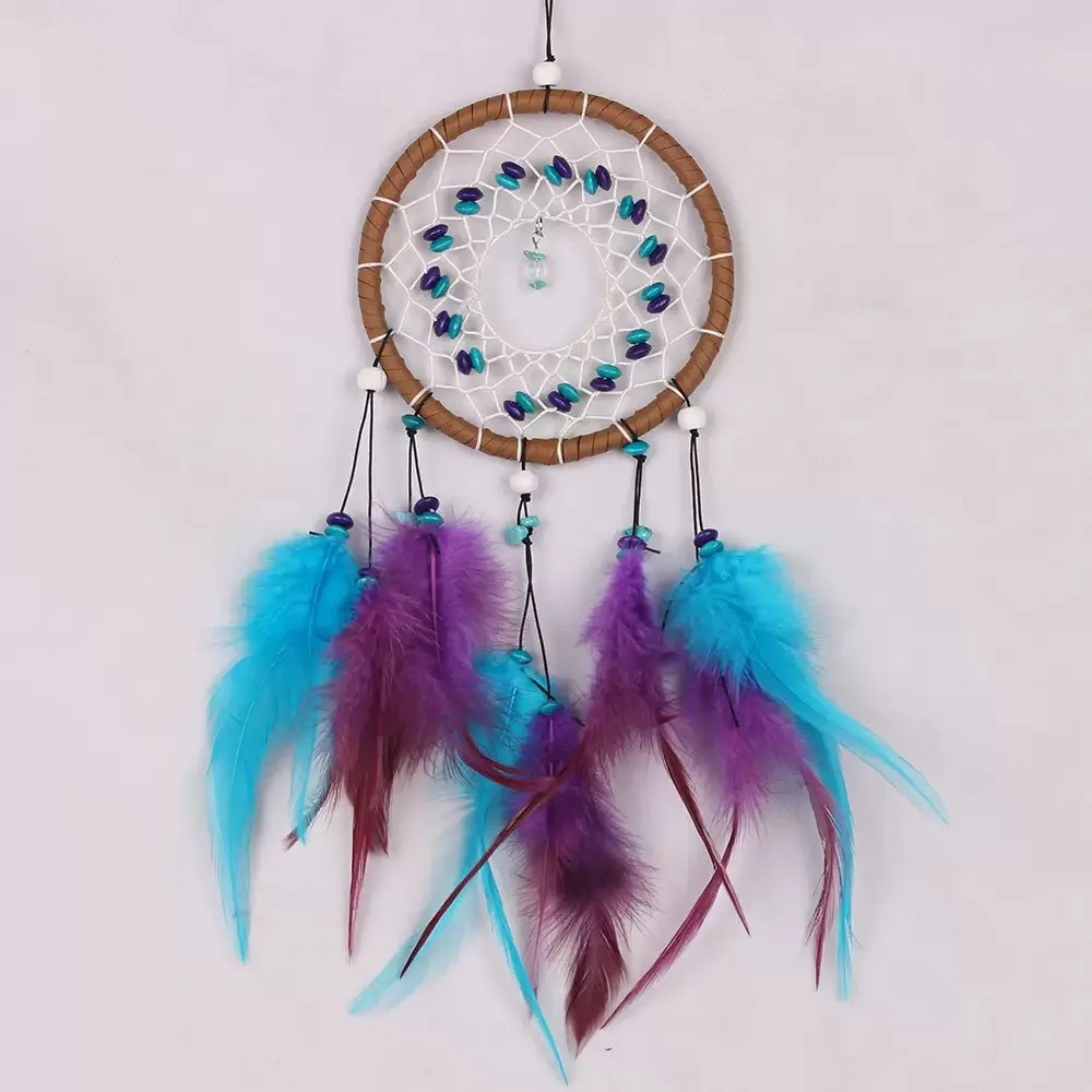 Turquoise Dream Catcher Small Car Hanging Ornaments Blue Feathers Wind Chimes Home Decorations Door Pendants For Festival Gifts