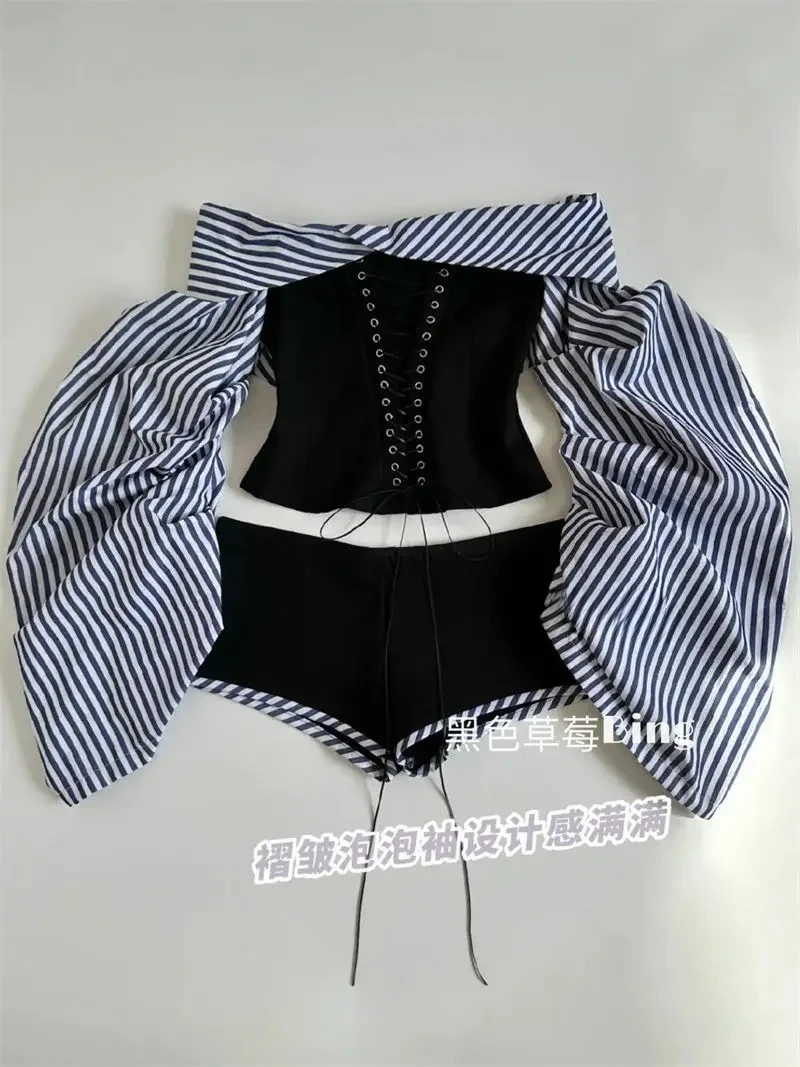 

Women's Waist Hot Shorts Short Pants Two Piece Sets Womens Outifits Tops Striped Pleated Patchwork Strap Shoulder Top Off Shirts