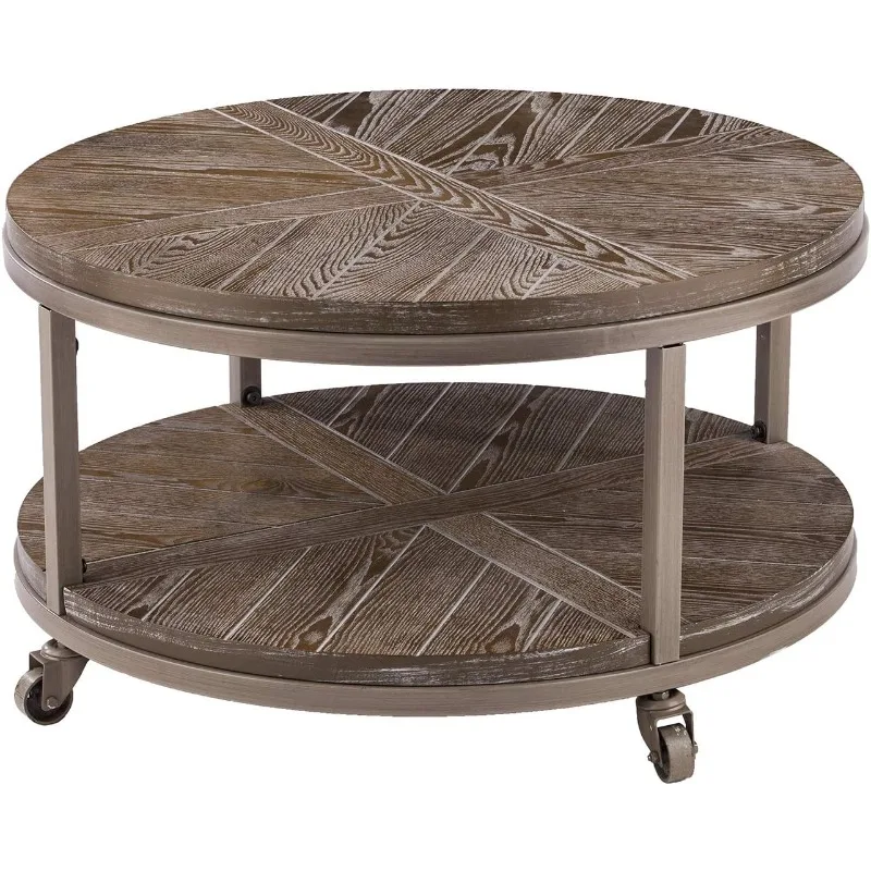 Urban Industrial Round Coffee Table, White-limed Burnt Oak/Distressed Gray