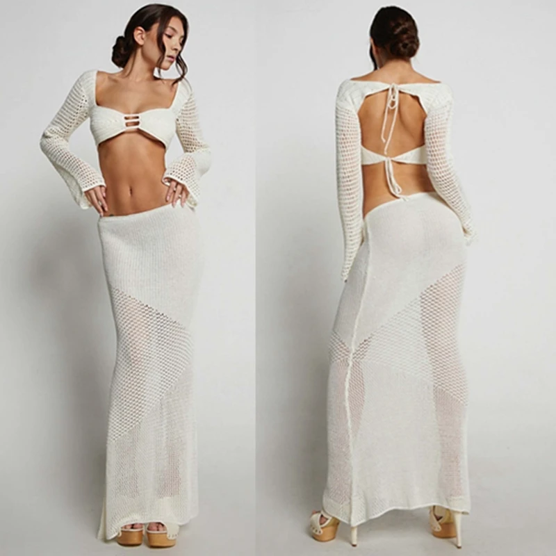 2 PCS Set Women Long Sleeve Sexy Hollow Out Knit Bikini Cover-up Swimwear Crochet Swimsuit Bikini Crop Top and Skirt Beach Dress