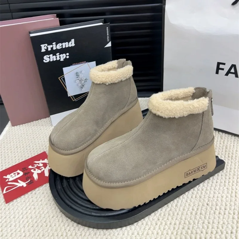 2024 New Thick-soled Women's Winter Back Zipper Flat-heeled Ankle Boots Casual Warm Solid Color Versatile Snow Cotton Boots