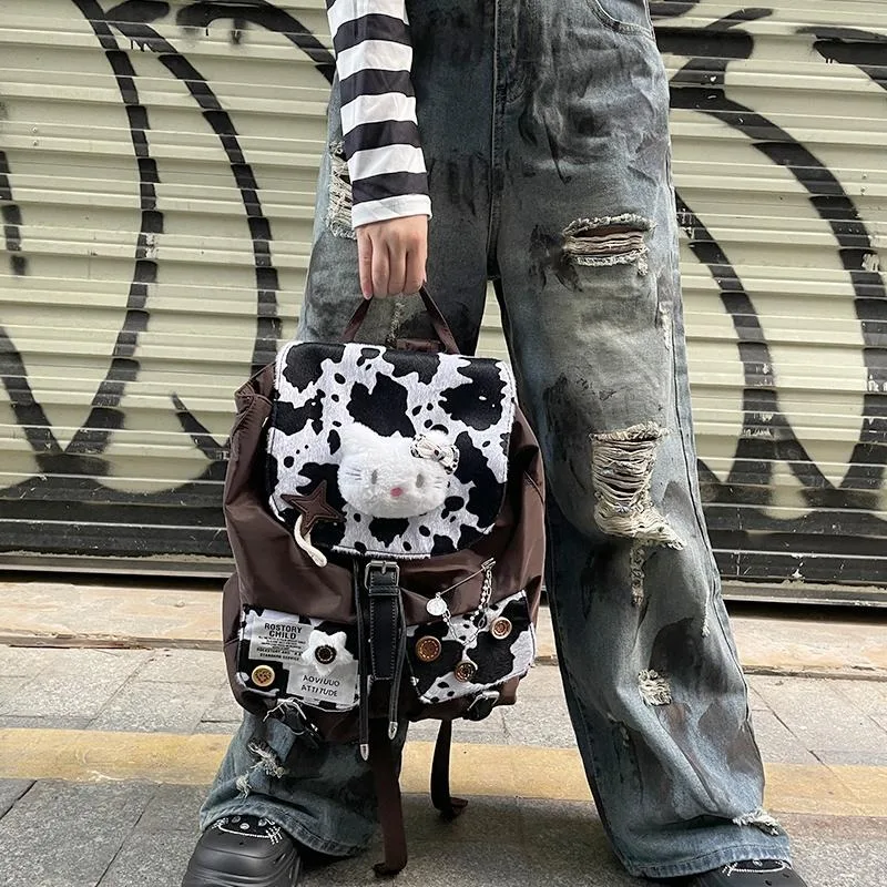 Xiuya Y2k Womens Backpack Hello Kitty Cow Print Fashion Cute Casual Backpacks Button Vintage Kawaii Original New Aesthetic Bags