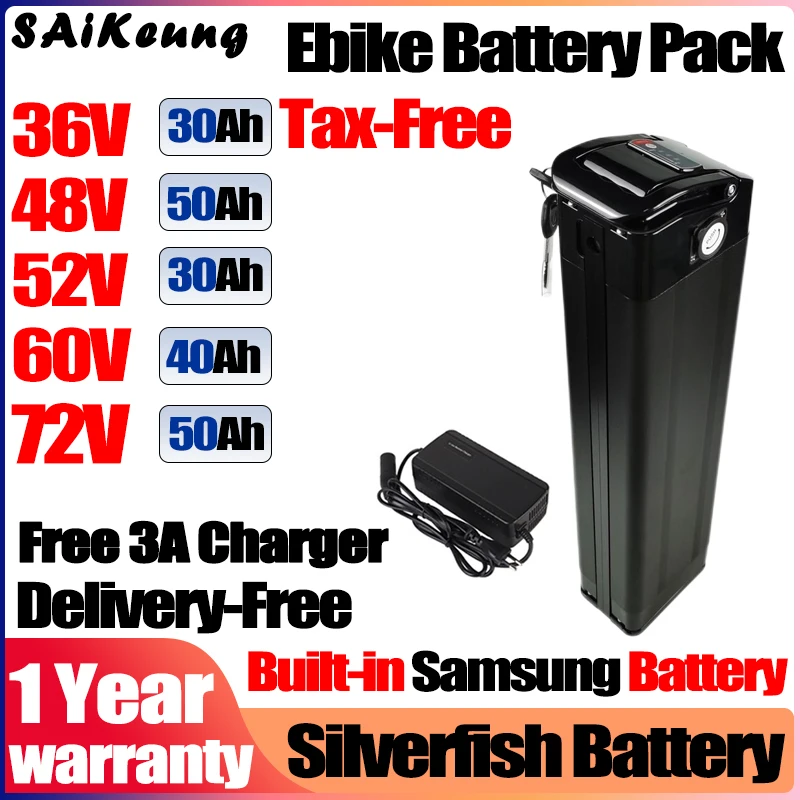 

36V 48V Silverfish electric bike portable battery 52V E bike battery controller 60V bafang 1500W 72v 50ah li-ton battery