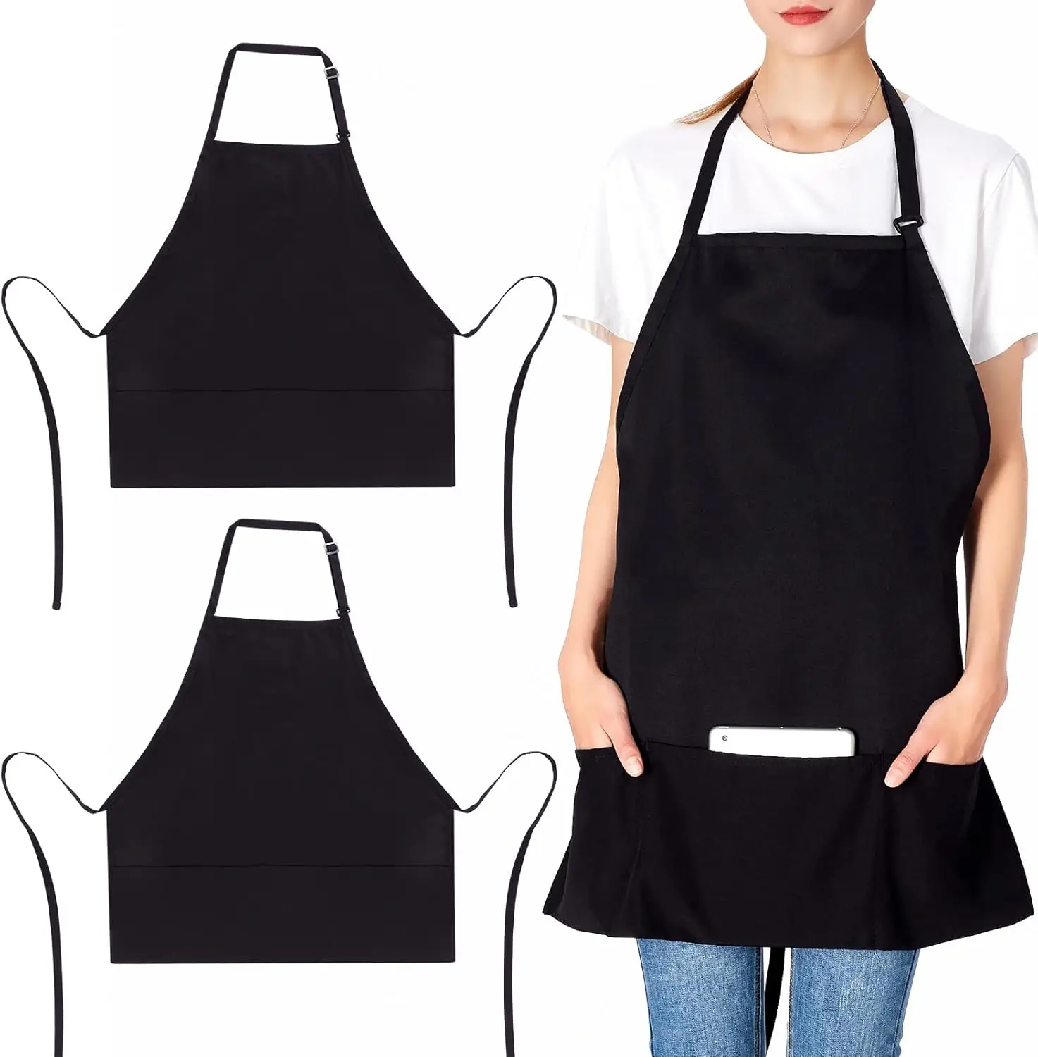 

2 Pack 3 Pockets Adjustable Bib Apron Chef Kitchen Cooking Aprons for Women Men, Black