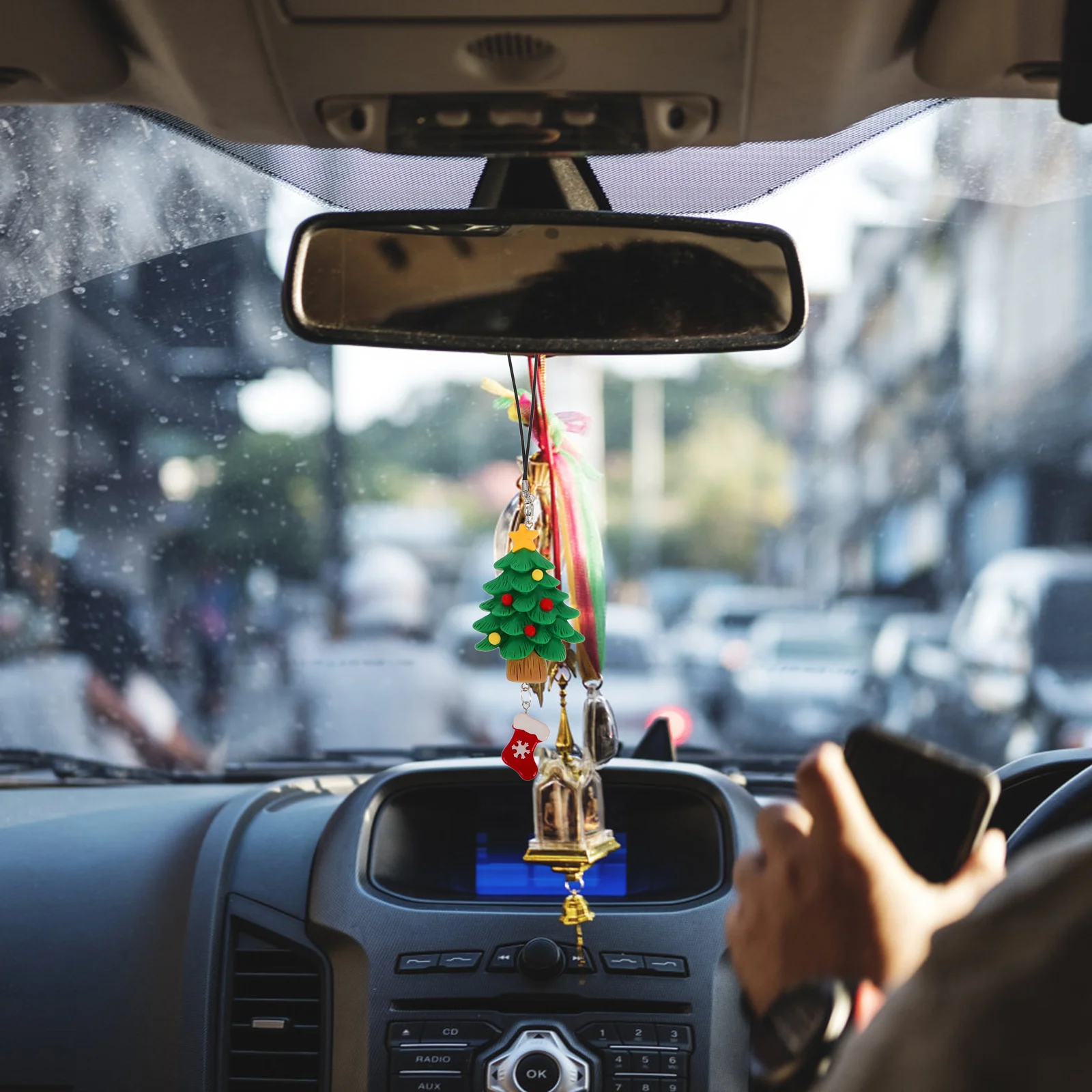 

Cute Car Rearview Mirror Charm Festive Hanging Ornament Durable Plastic Interior Decoration Cartoon Pendant For Holiday Season