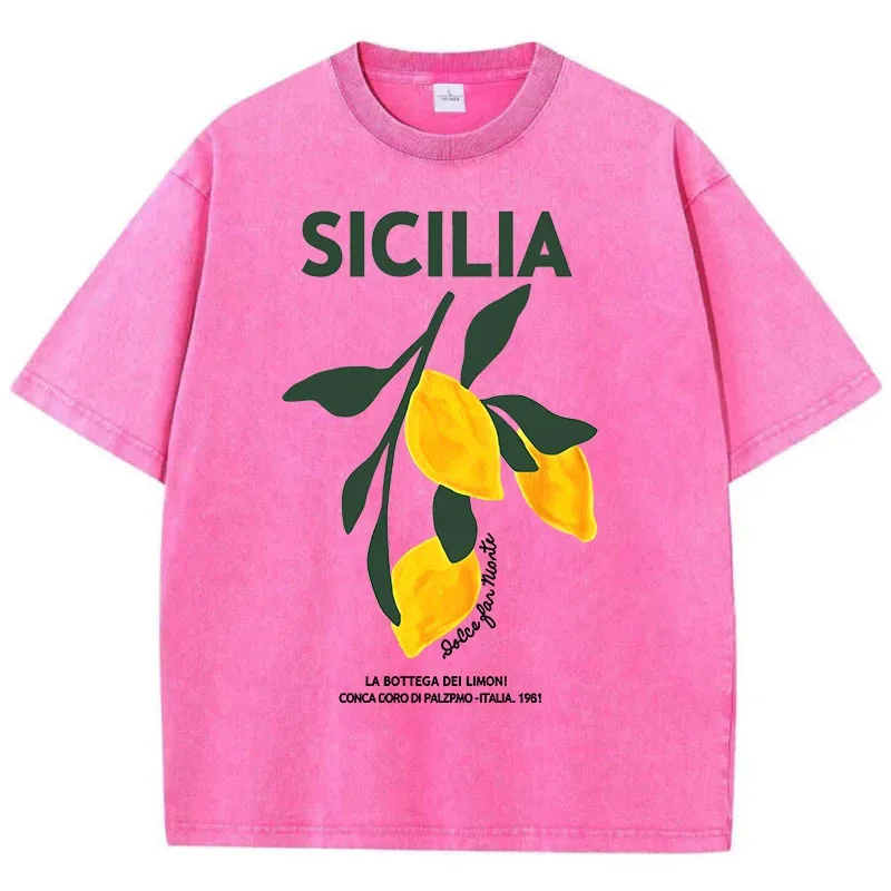 Amalfi Coast Italia Lemon Fruit Design Women Washed T-Shirts Y2K Casual T Shirt Summer  Cotton Loose Short Sleeve